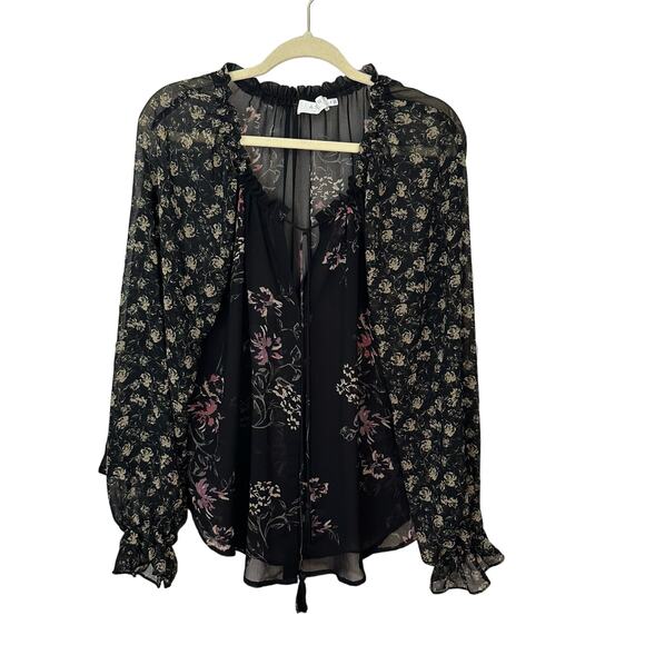 ASTR The Label Becky Floral Sheer Blouse Womens Top Size‎ M Boho Peasant Black - Picture 1 of 6